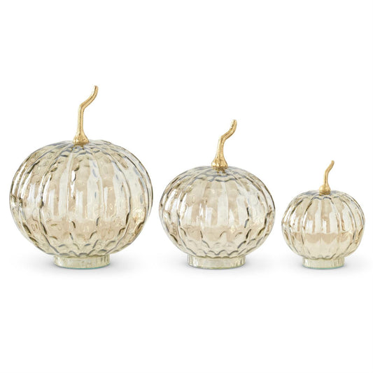 Set of three wavy glass pumpkins with metal stem