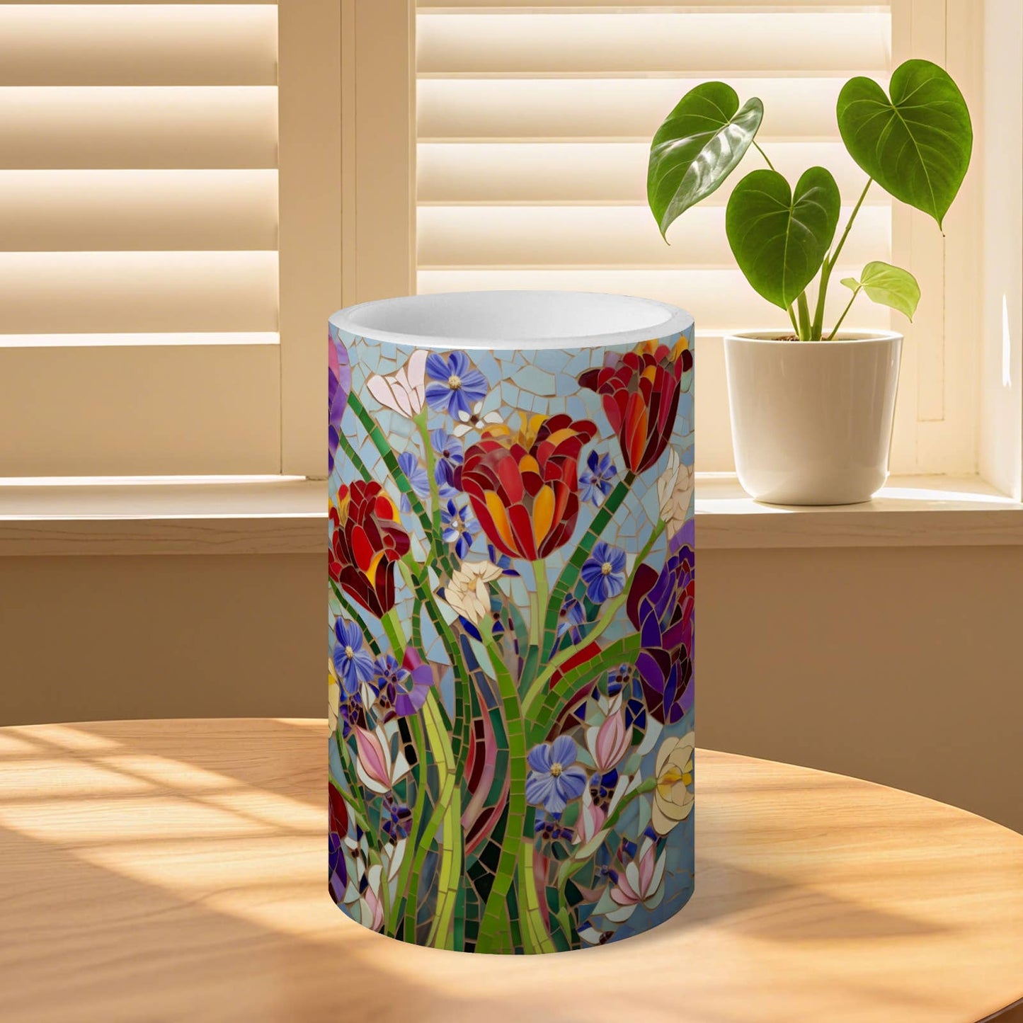 Floral Pattern Striped Flameless Pillar LED Candle Set of 3: HH7