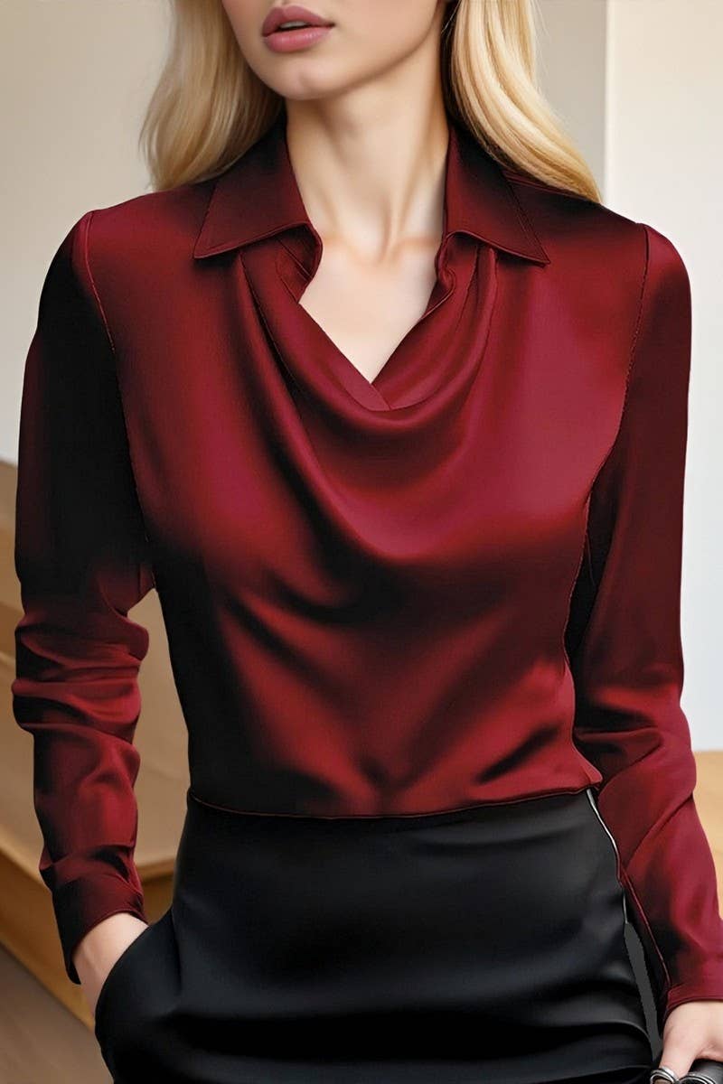 DRAPED NECK LONG SLEEVE BLOUSE: GREY / (XXL)