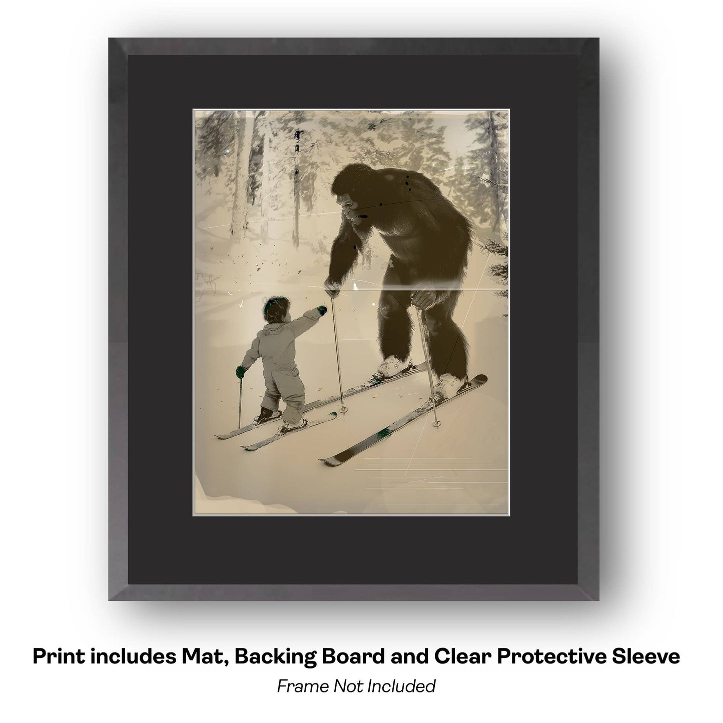 Bigfoot Ski Lesson - Sasquatch Cryptid Art Prints - 8"x10" Art Print for 11"x14" Frame
