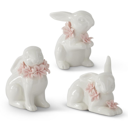 5 Inch White Ceramic Easter Bunny With Pink Flowers