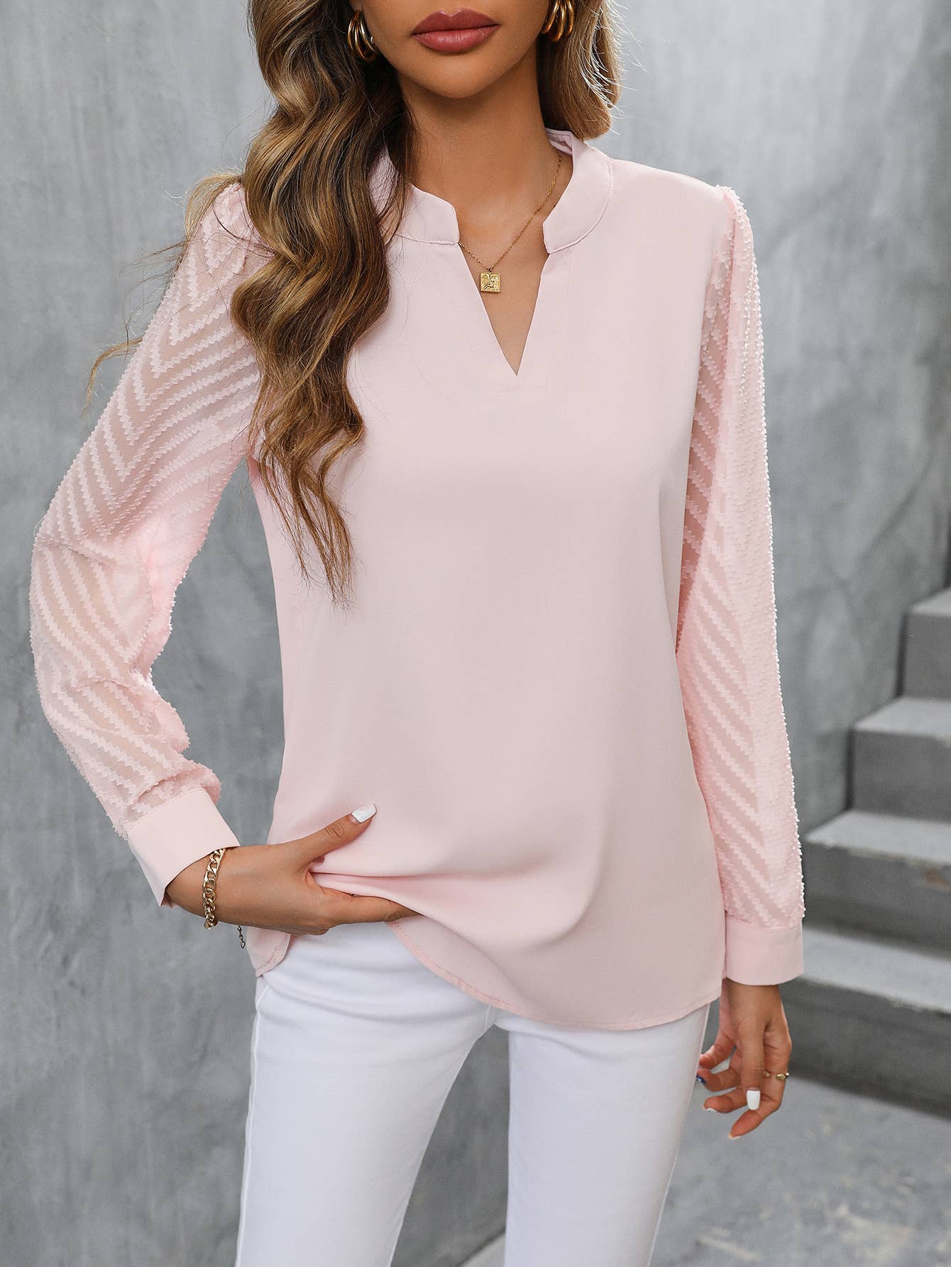 Sheer Chevron Sleeve Split Neck Blouse: White / M