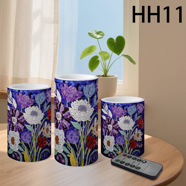 Floral Pattern Striped Flameless Pillar LED Candle Set of 3: HH7