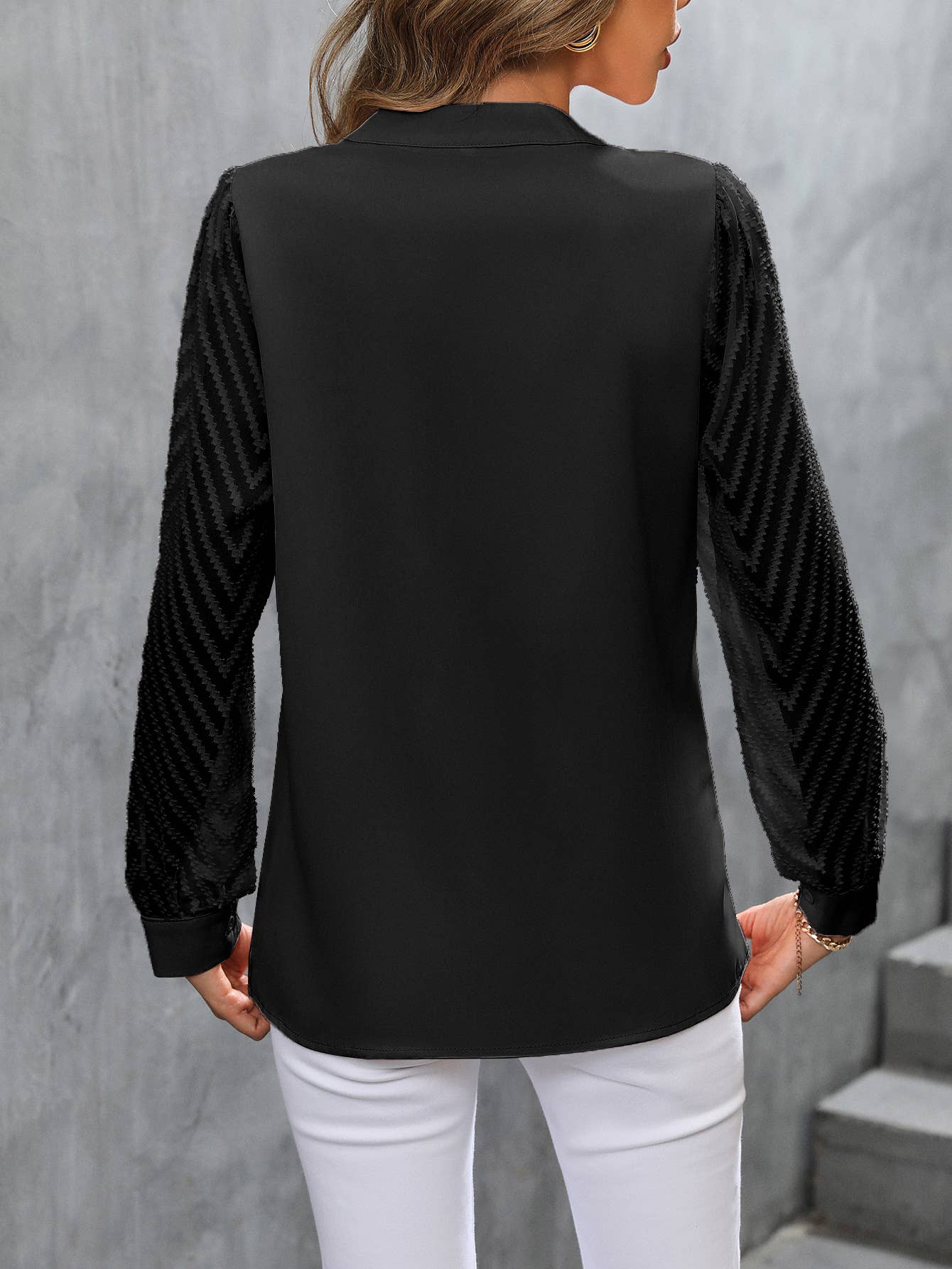 Sheer Chevron Sleeve Split Neck Blouse: White / M