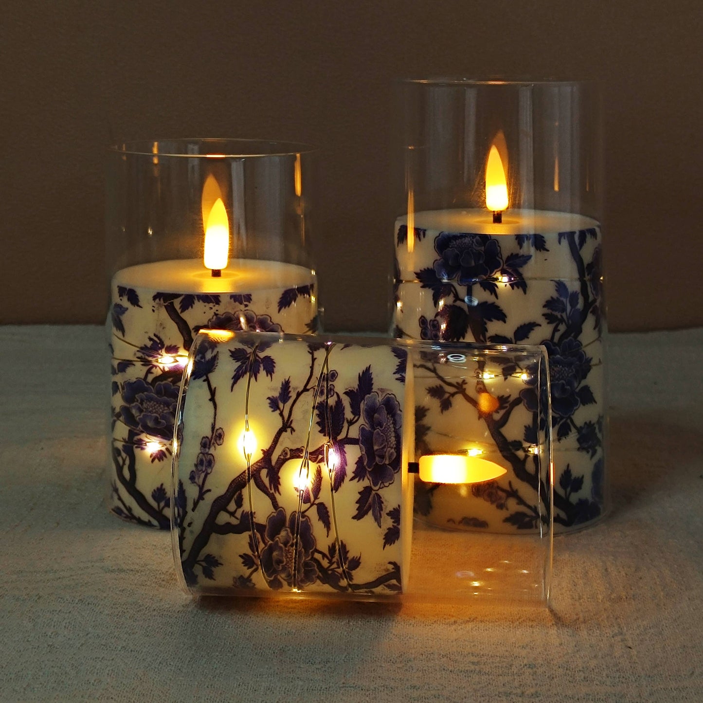 Blue White Porcelain Copper Wire Flameless Candle Set of 3