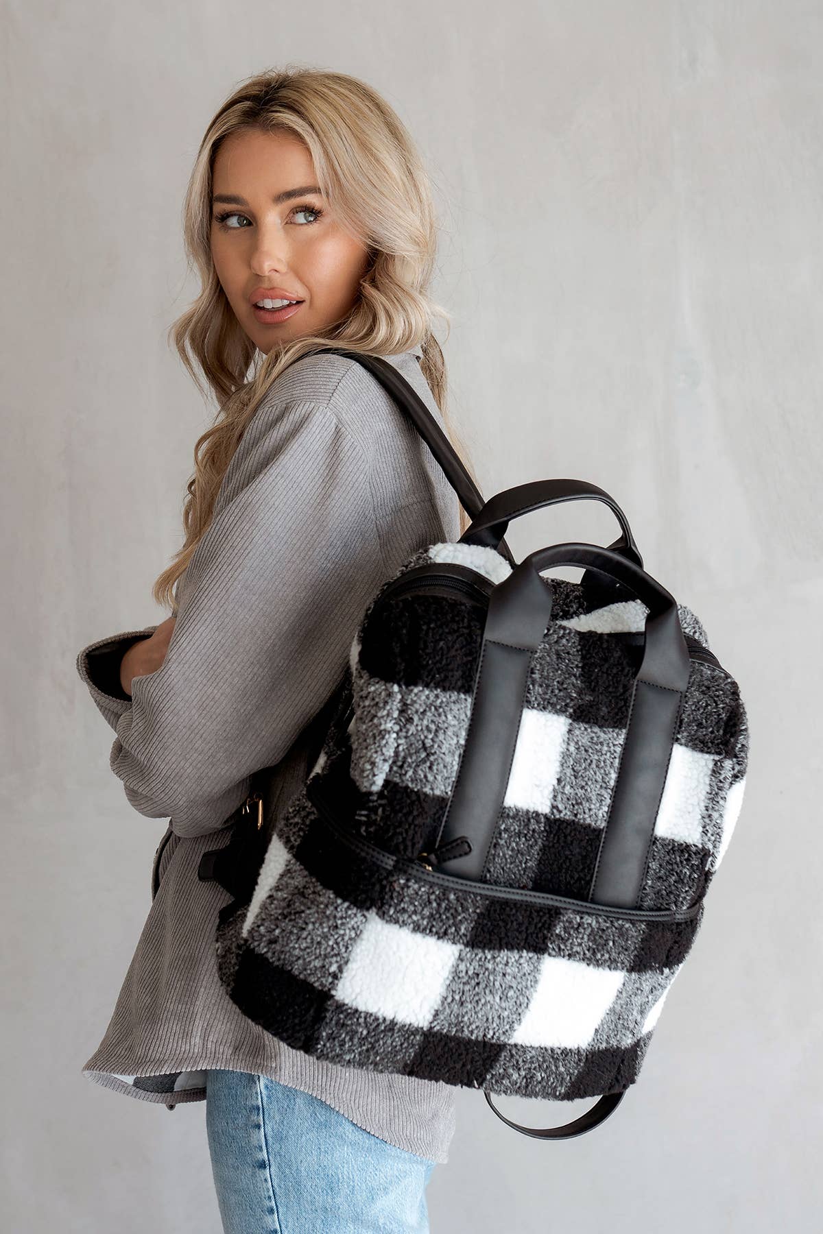 Hattie Sherpa Backpack w/ Guitar Strap | BP2105SHP: Black/White
