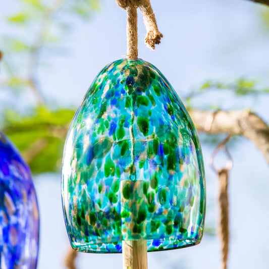 Blue Coastal Garden Bell, Turquoise Speckled Art Glass Bell