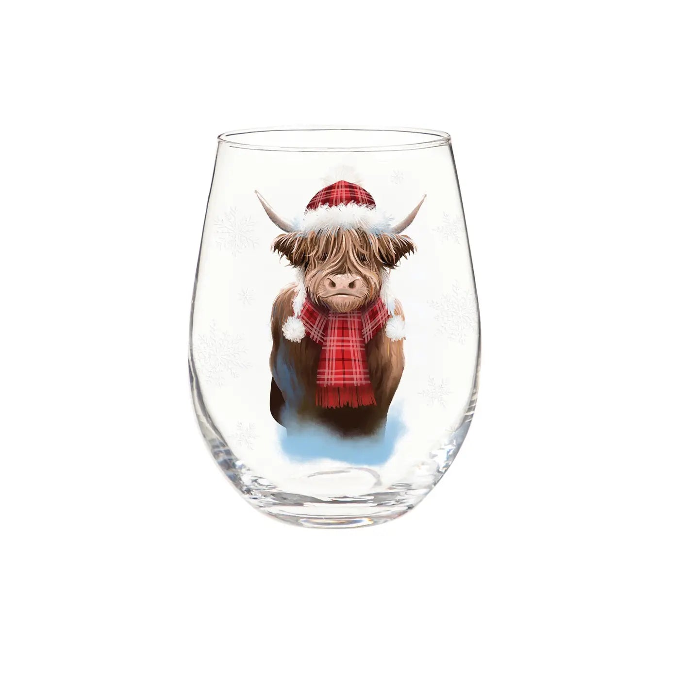 Holiday Poinsettia Wine Glass Stemless Glass, Highland Cow