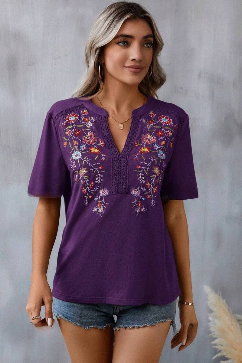 EMBROIDERY PATCHWORK LACE LACE SHORT SLEEVE TOP: ARMYGREEN / (M)