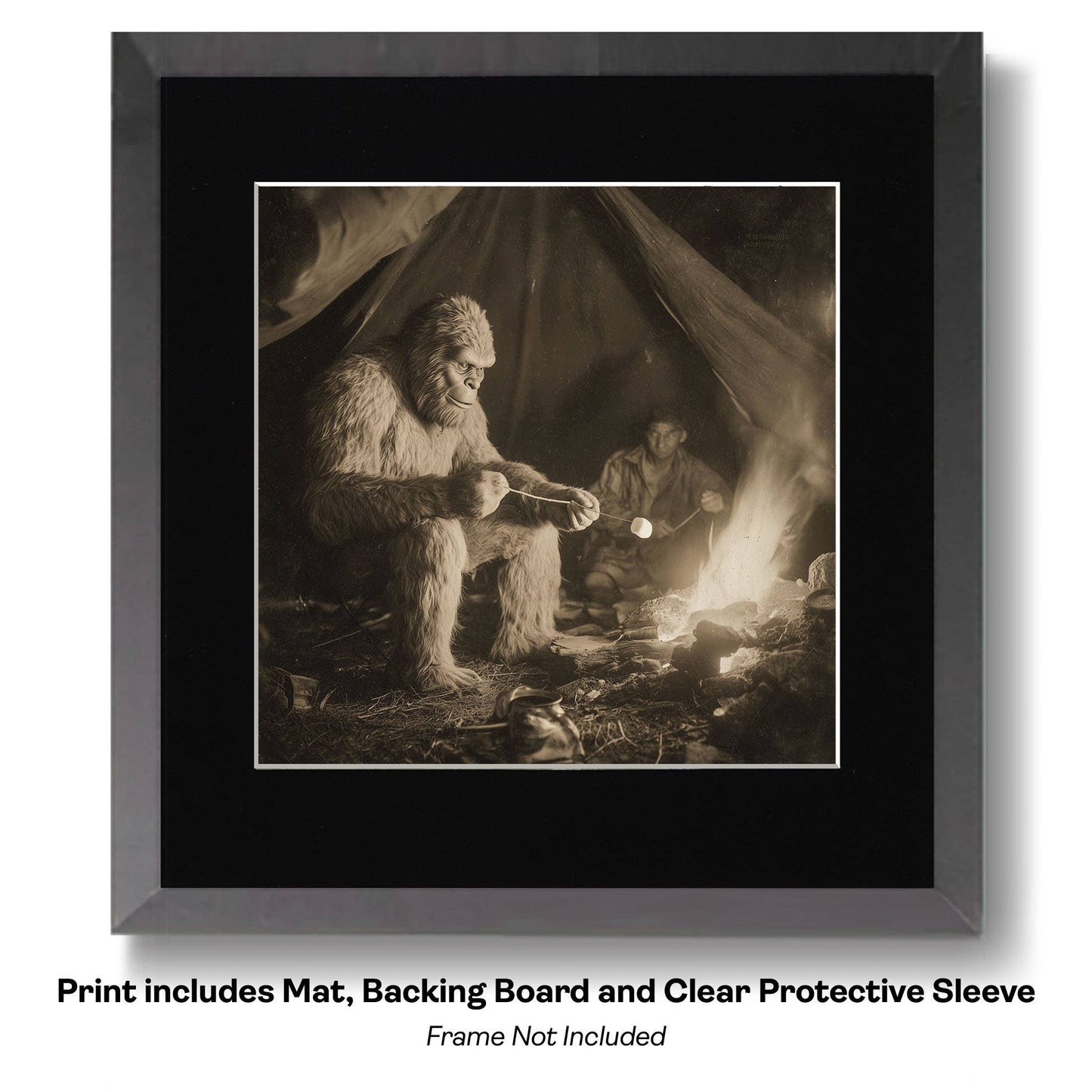 Bigfoot on Dock Having a Heart-to-Heart Talk Art Print - 8"x8" Artwork for 12"x12" Frame