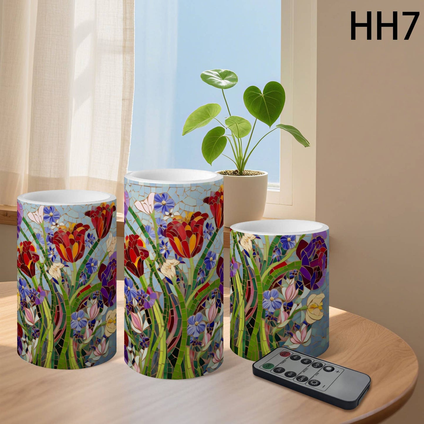 Floral Pattern Striped Flameless Pillar LED Candle Set of 3: HH7