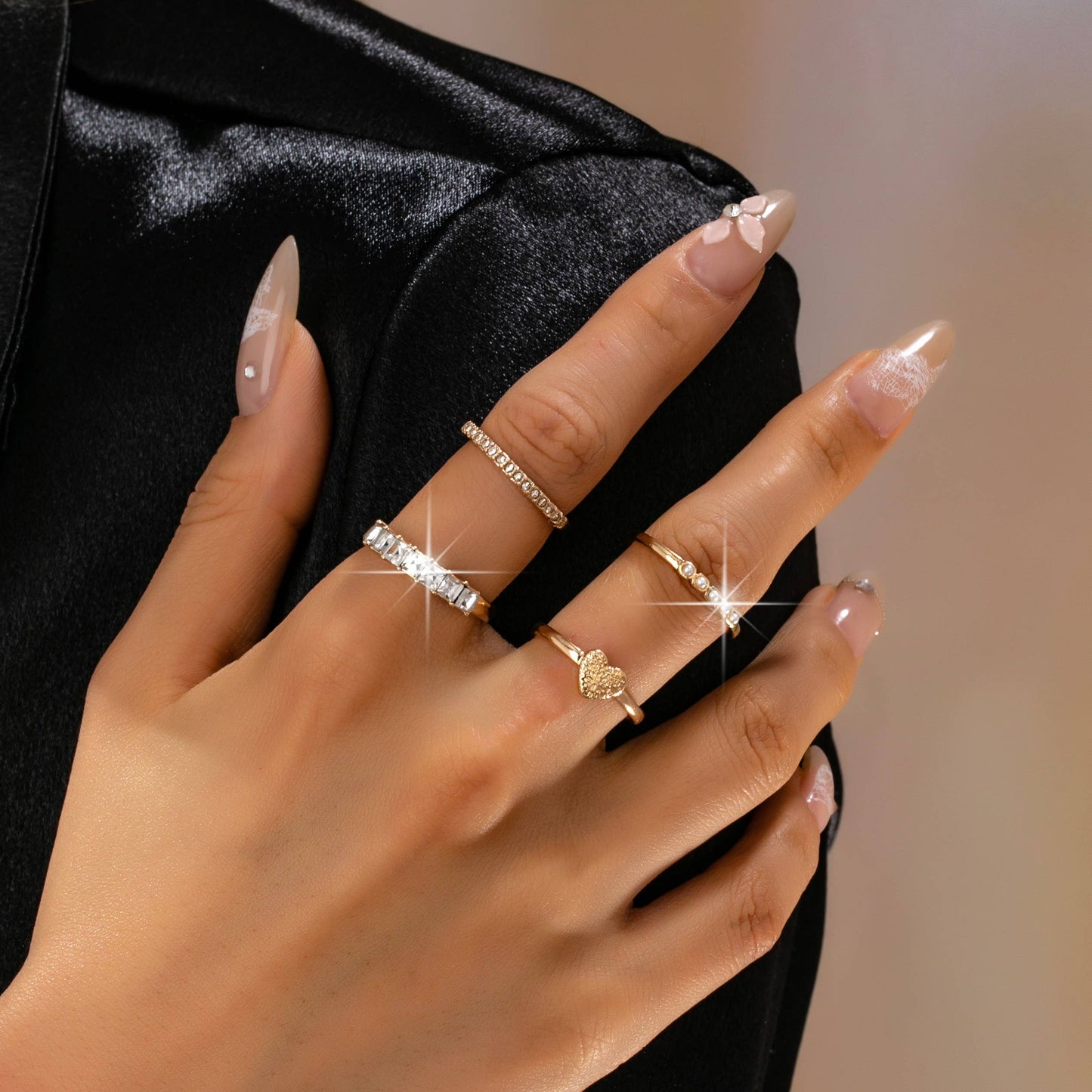 Gold-Tone Mixed Crystal & Pearl Stacking Ring Set | 80R177: SET