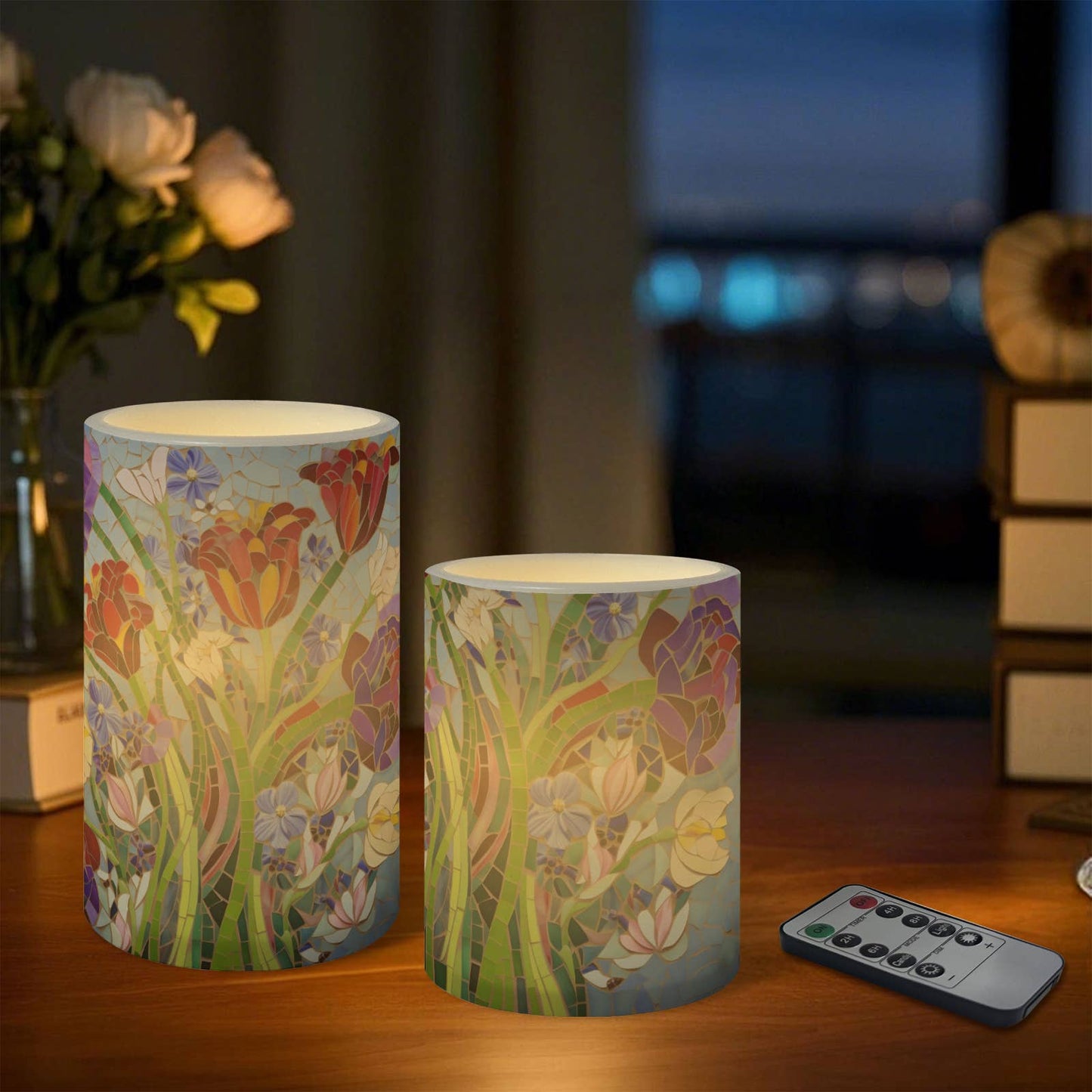 Floral Pattern Striped Flameless Pillar LED Candle Set of 3: HH7