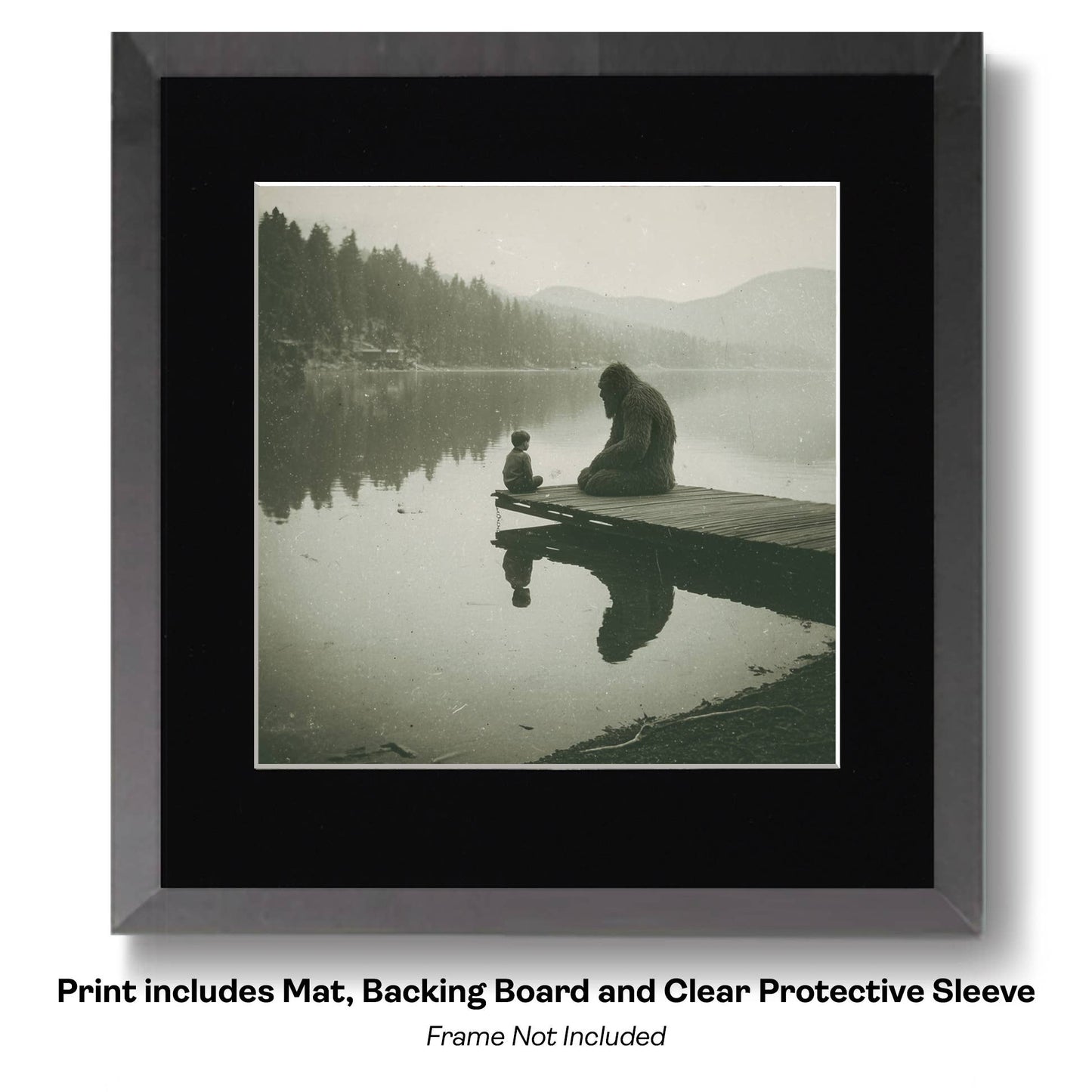 Bigfoot on Dock Having a Heart-to-Heart Talk Art Print - 8"x8" Artwork for 12"x12" Frame