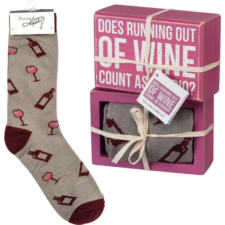 Running Out of Wine Box Sign and Sock Set
