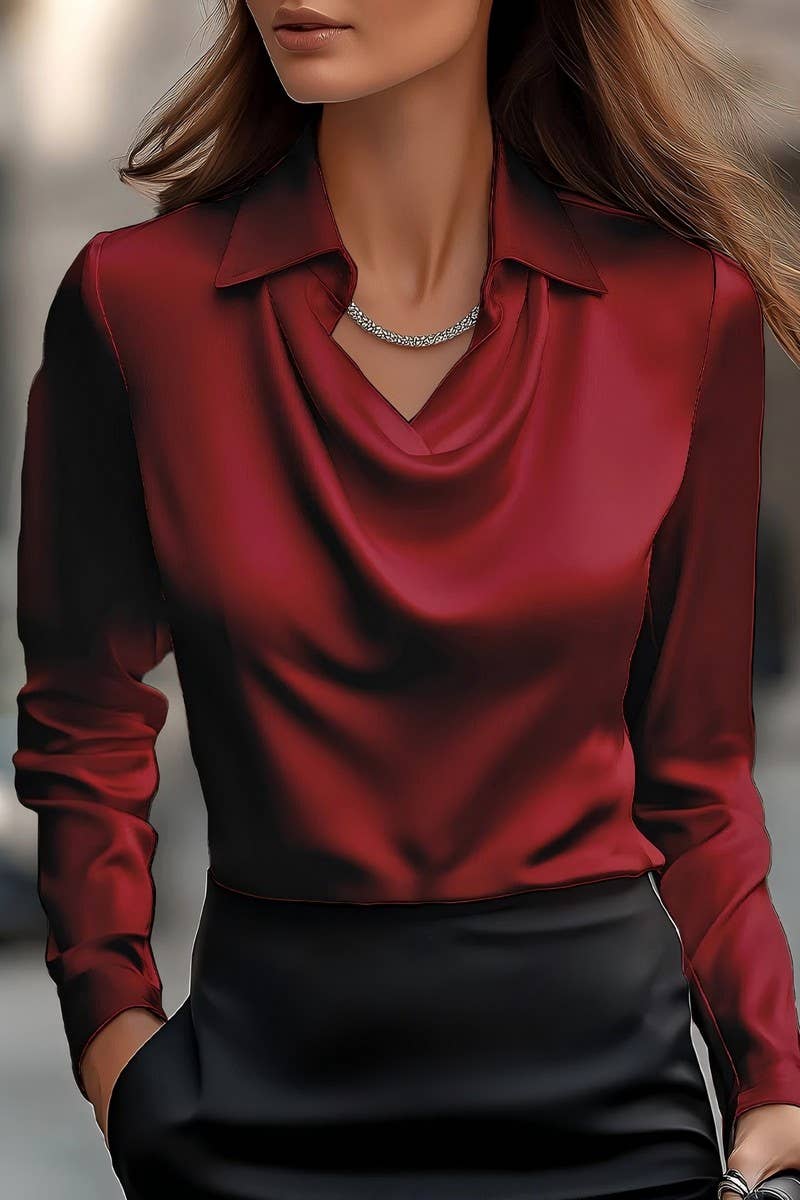 DRAPED NECK LONG SLEEVE BLOUSE: KHAKI / (XXL)