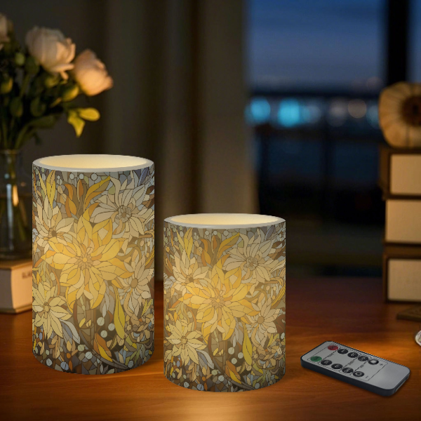 Floral Pattern Striped Flameless Pillar LED Candle Set of 3: HH7