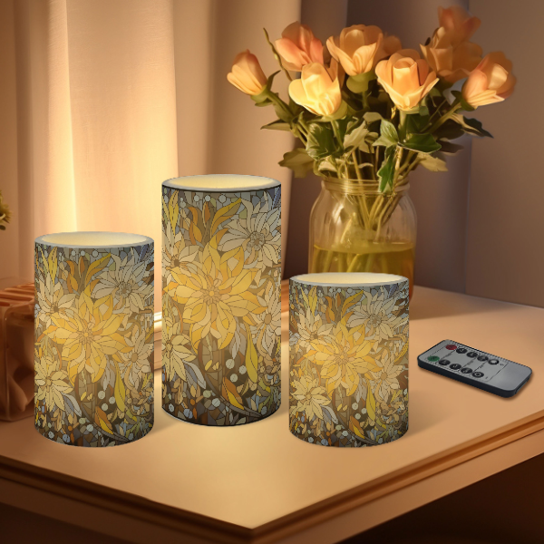 Floral Pattern Striped Flameless Pillar LED Candle Set of 3: HH7