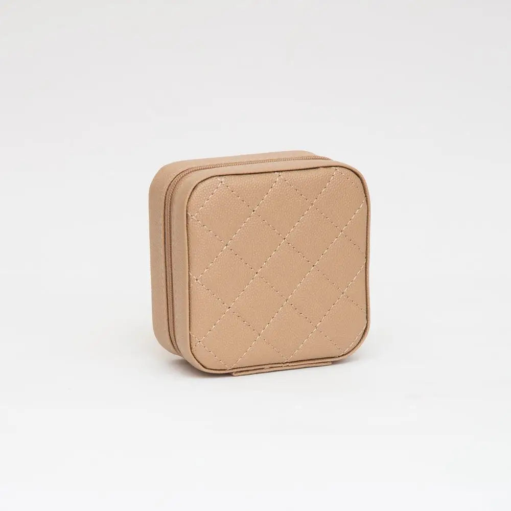 Quilted Zip Around Square Jewelry Box - Beige