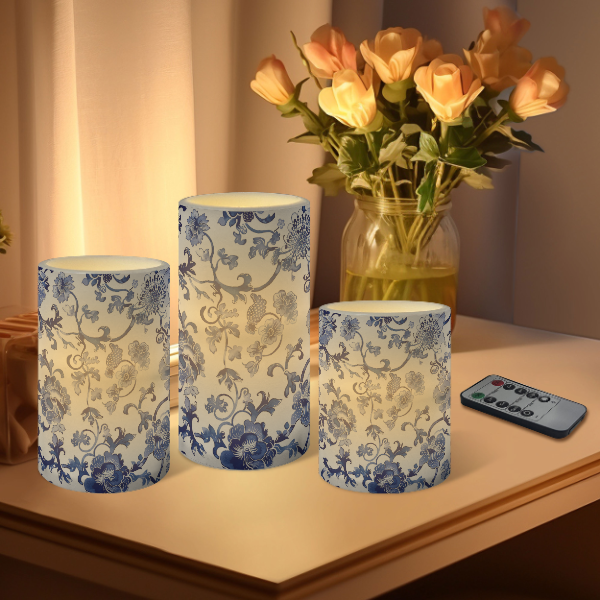 3-Piece Blue & White Porcelain Flameless LED Pillar Candles: BW2