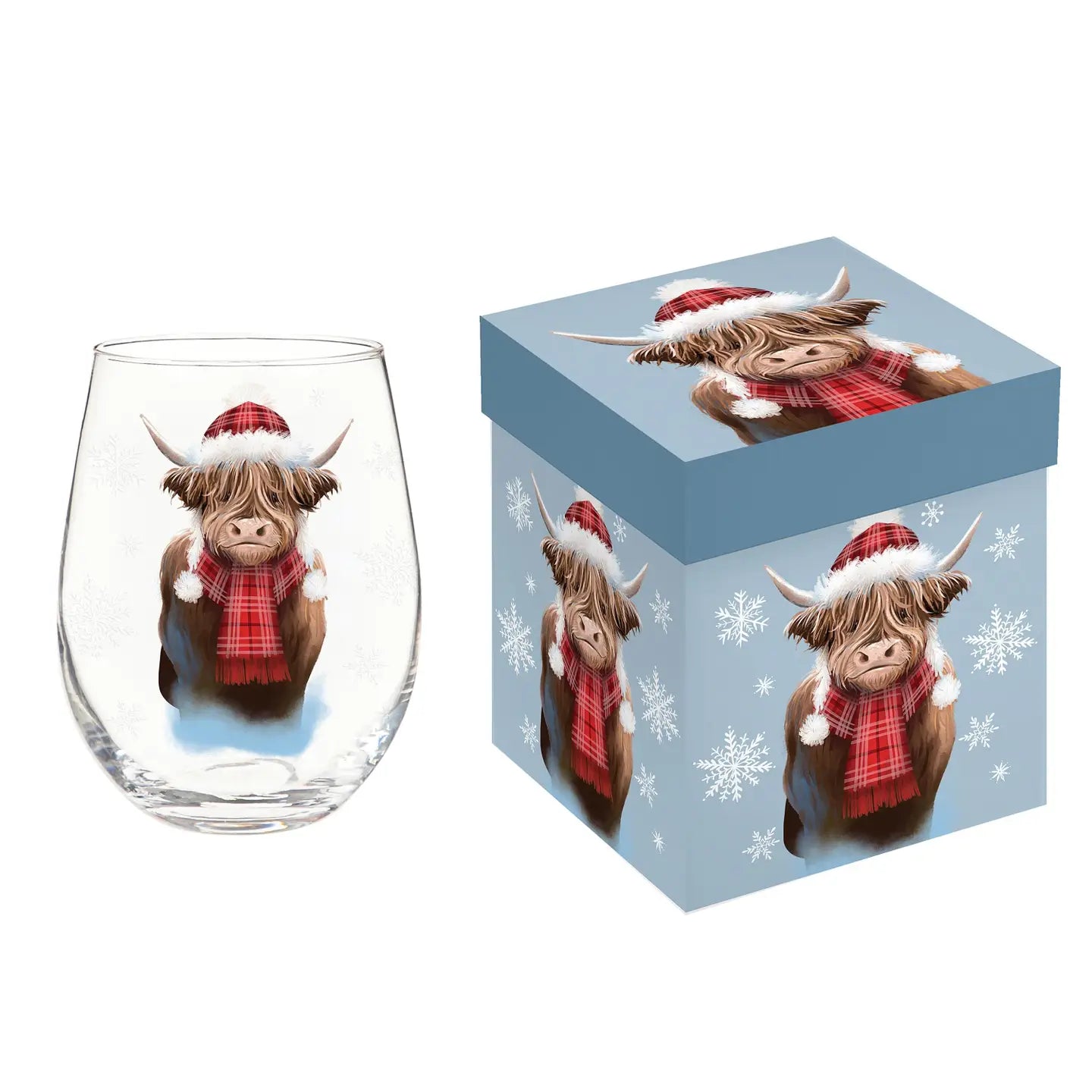 Holiday Poinsettia Wine Glass Stemless Glass, Highland Cow