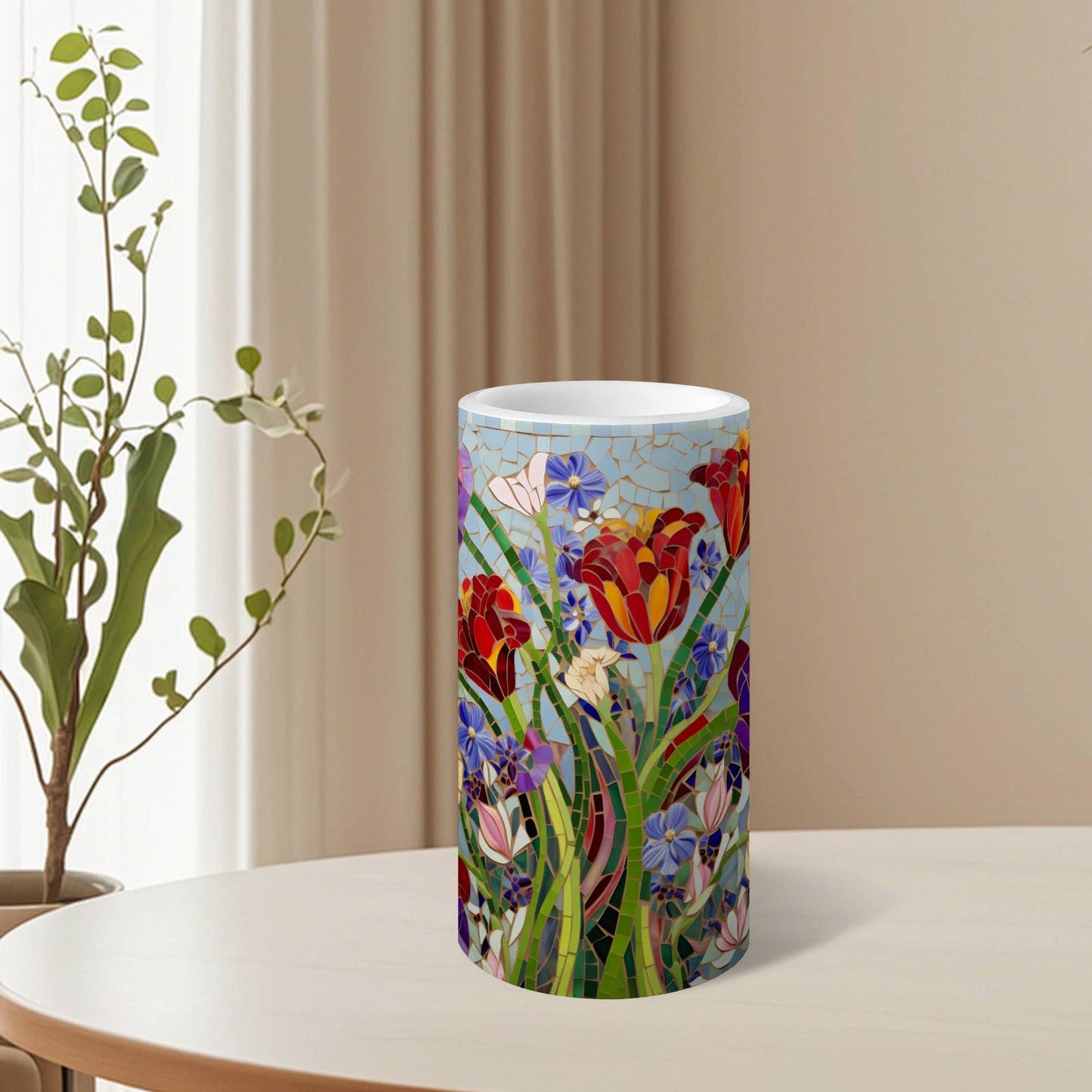 Floral Pattern Striped Flameless Pillar LED Candle Set of 3: HH7