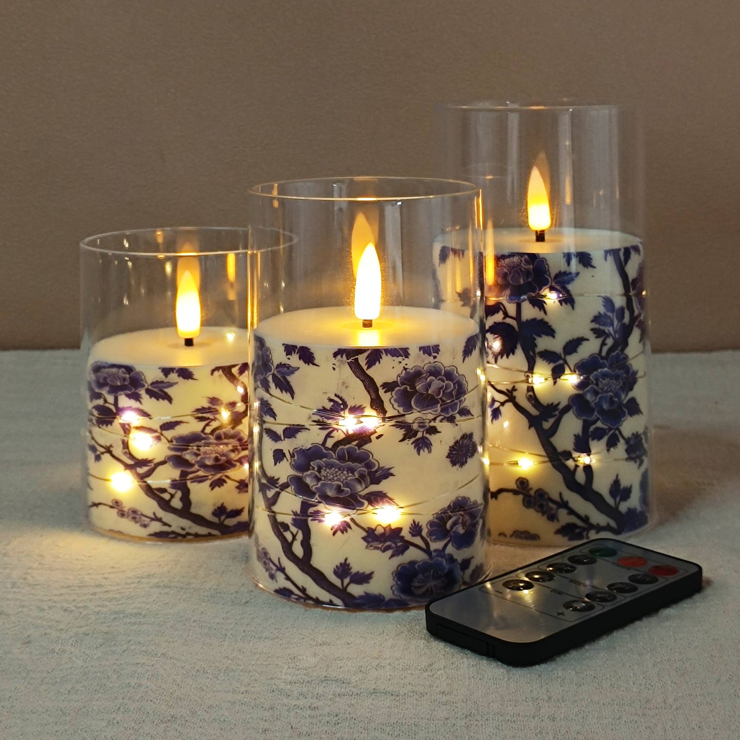 Blue White Porcelain Copper Wire Flameless Candle Set of 3