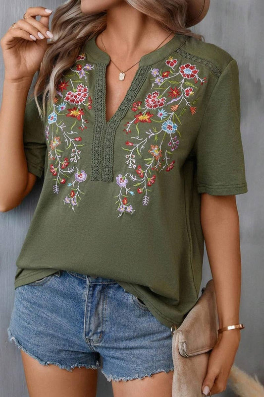 EMBROIDERY PATCHWORK LACE LACE SHORT SLEEVE TOP: ARMYGREEN / (M)