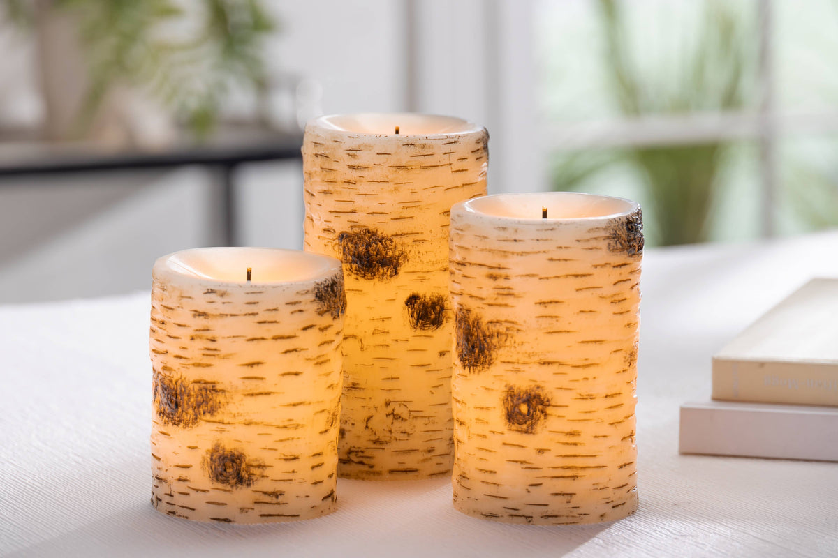 Set of 3 Birch Bark LED Wax Pillar Candles – Graduated 4-Inch, 5-Inch, and 6-Inch Flameless Pillars with Glow Wick(R) and Warm White LED