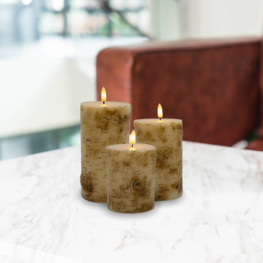 Battery Operated Birch Wood Pillar Candles - Set of 3