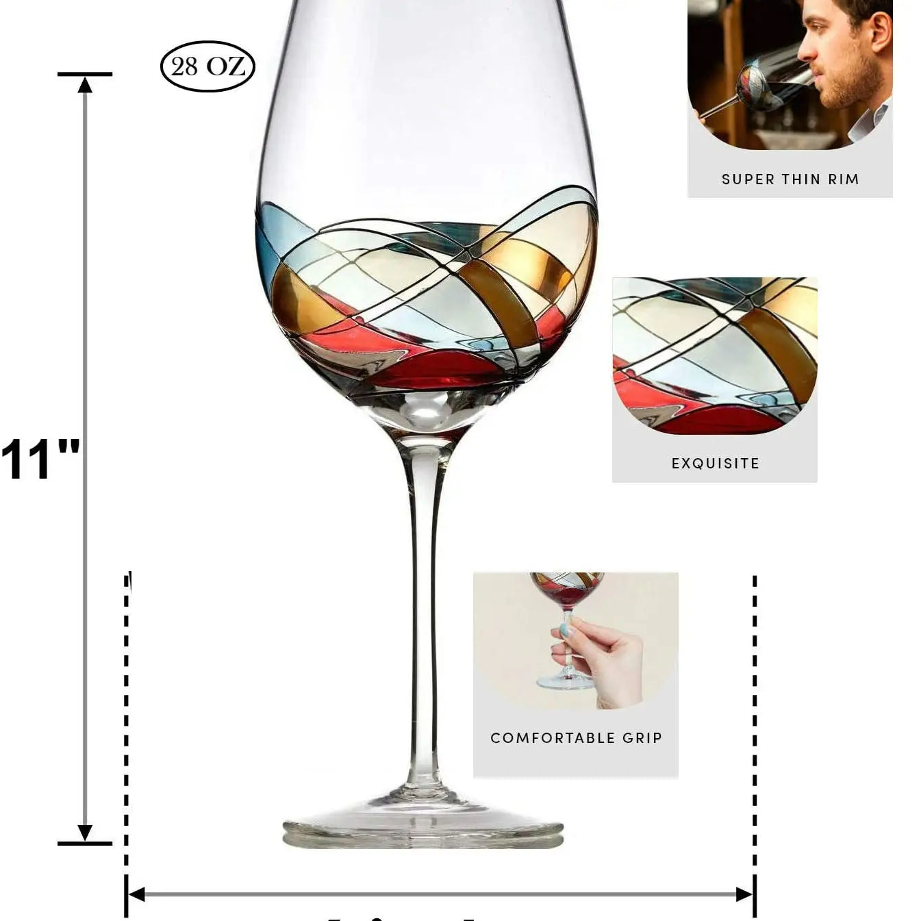 Hand Painted Wine Glass Set of 2, Gold 28 oz Large Glass