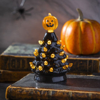 5” LED Ceramic Halloween Tree Table Decor w/Jack-O-Lantern Topper