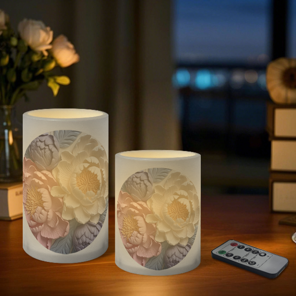 Floral Pattern Striped Flameless Pillar LED Candle Set of 3: HH7