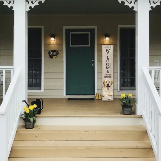 Lab, Yellow Welcome Sign