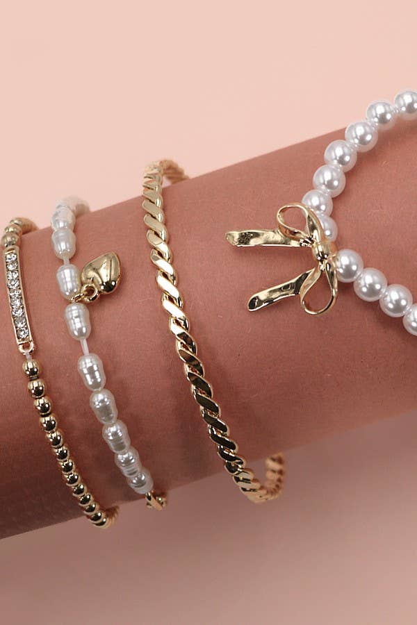 BOW PEARL RHINESTONE BAR STRETCH BANGLE SET | 80B137: GOLD