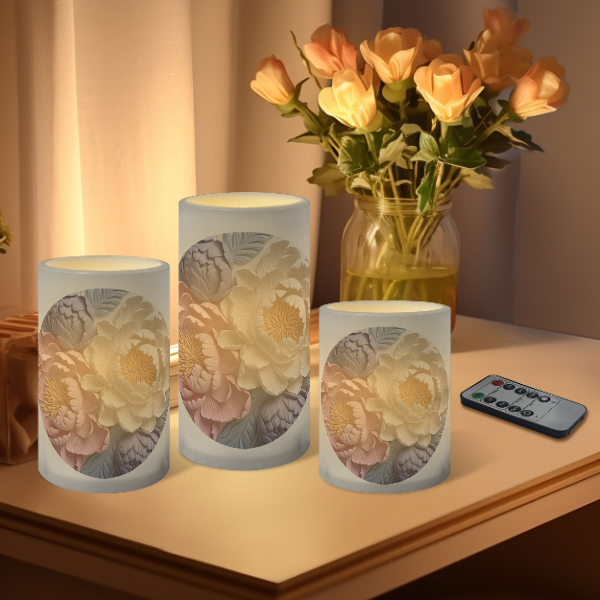 Floral Pattern Striped Flameless Pillar LED Candle Set of 3: HH7