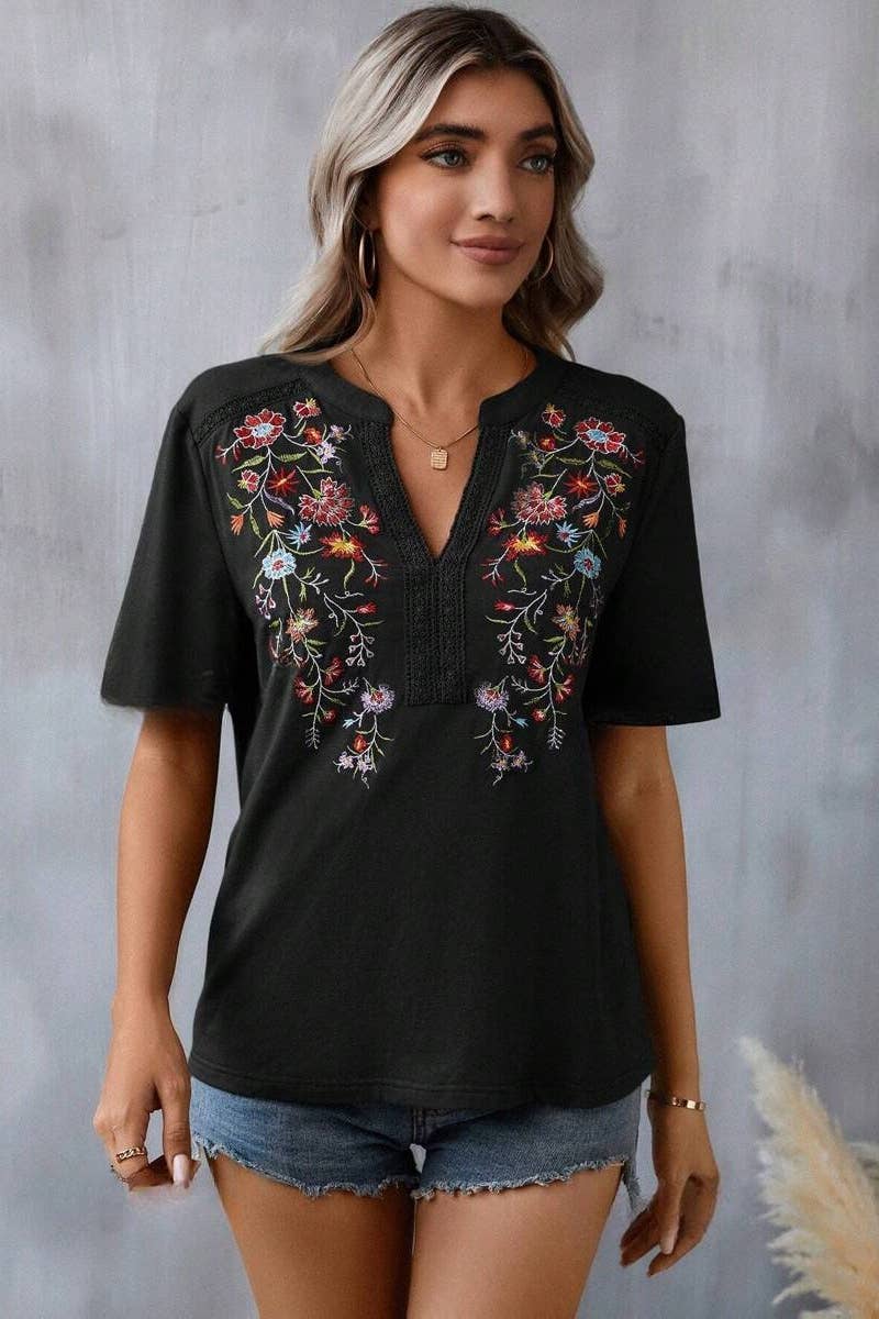 EMBROIDERY PATCHWORK LACE LACE SHORT SLEEVE TOP: ARMYGREEN / (S)