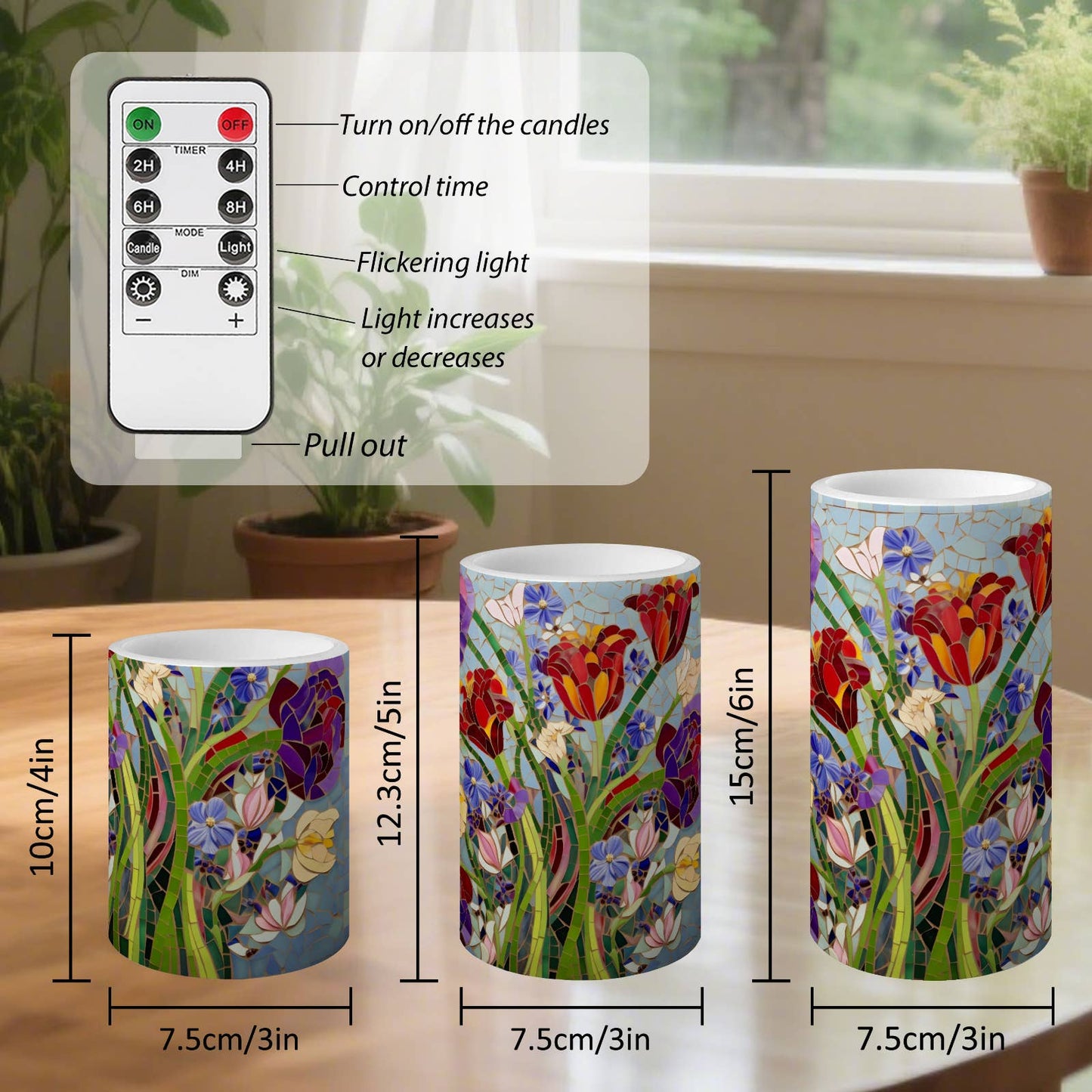 Floral Pattern Striped Flameless Pillar LED Candle Set of 3: HH7