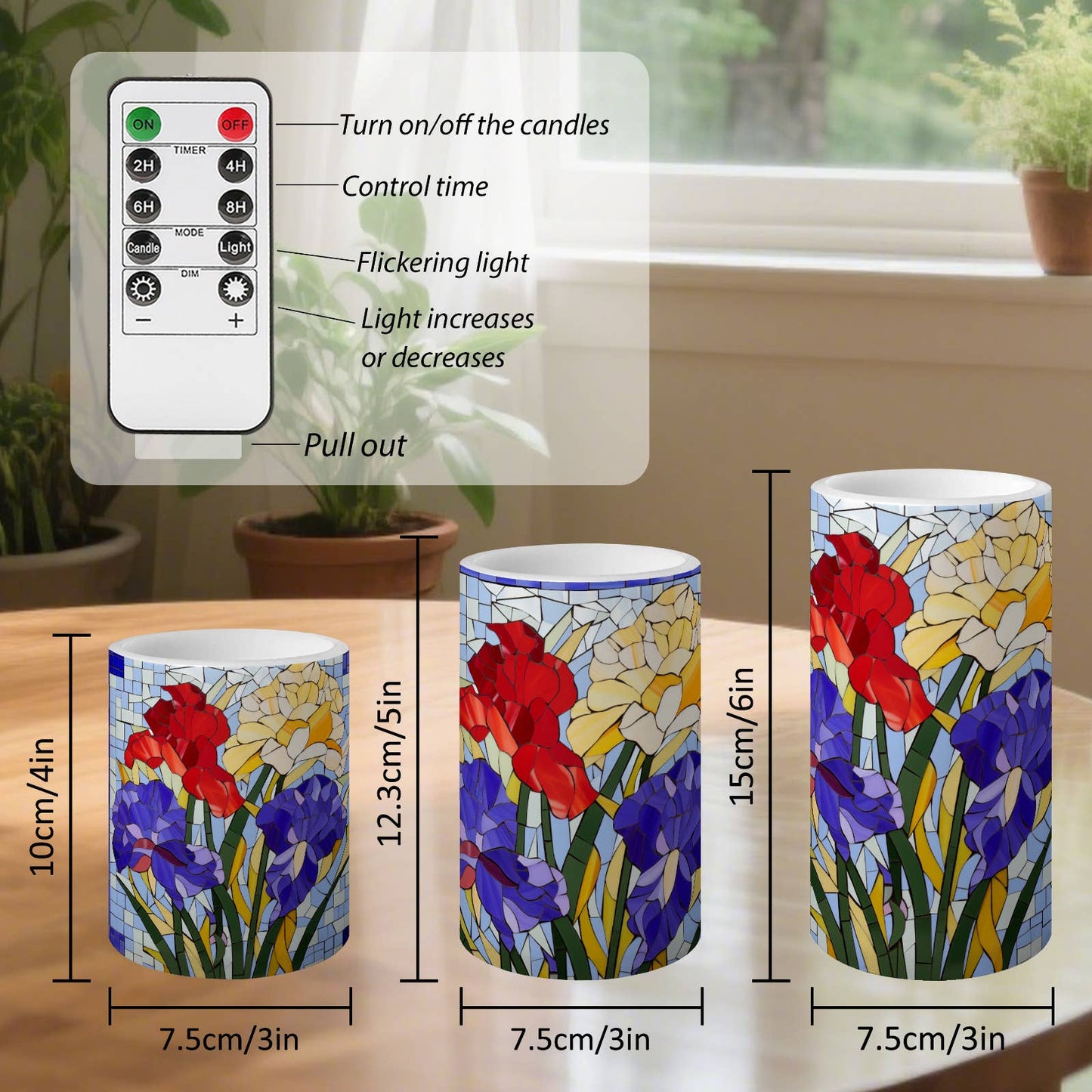 Floral Pattern Striped Flameless Pillar LED Candle Set of 3: HH7