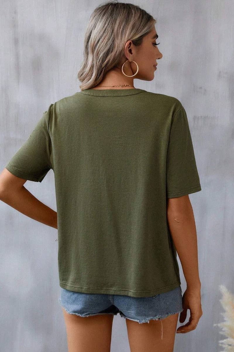 EMBROIDERY PATCHWORK LACE LACE SHORT SLEEVE TOP: ARMYGREEN / (M)
