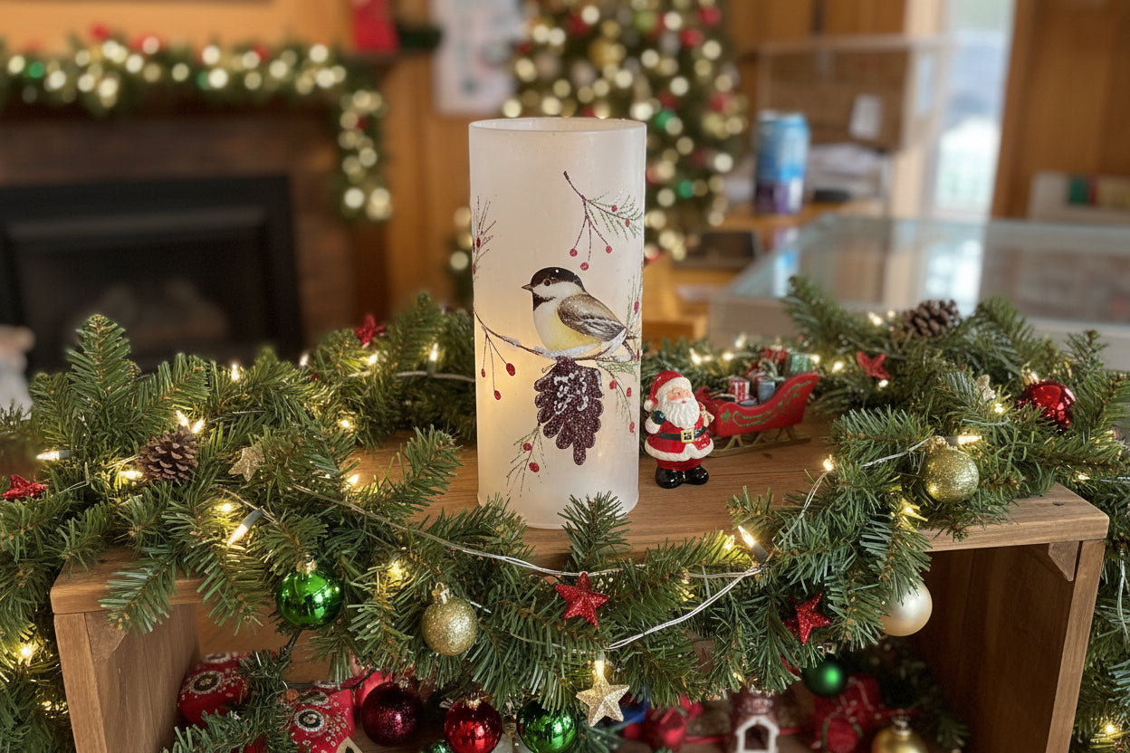 Frosted glass luminary - chickadee