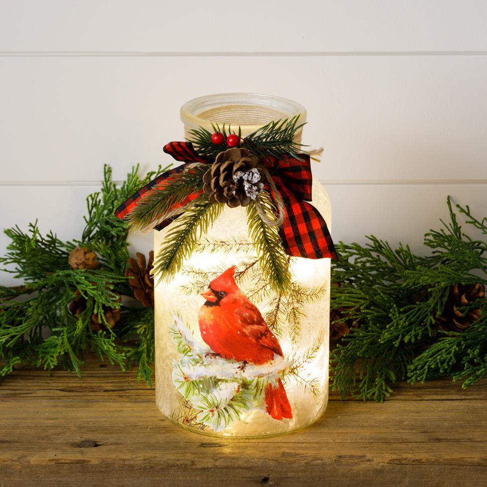 Frosted Glass Luminary - cardinal on snowy branch