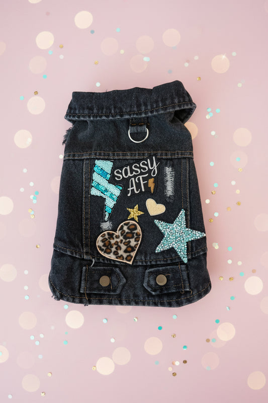 Black Buttons Denim Dog Vest "Sassy AF"