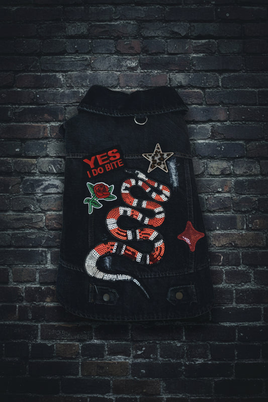 Black Buttons Denim Dog Vest "Snakebite"