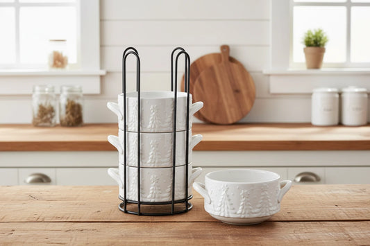 4 22oz Stack-A-Bowls with Rack-Frosty Forest White