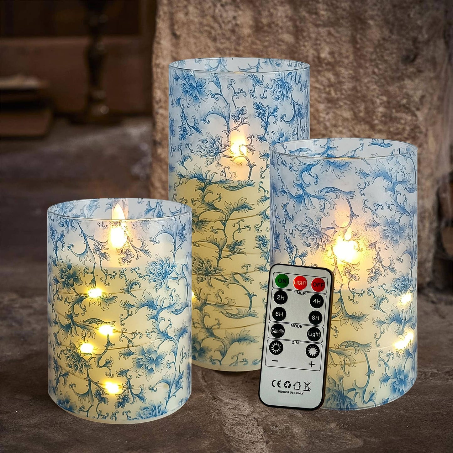 Set of 3 Floral Printed Home Decor Flameless LED Candles