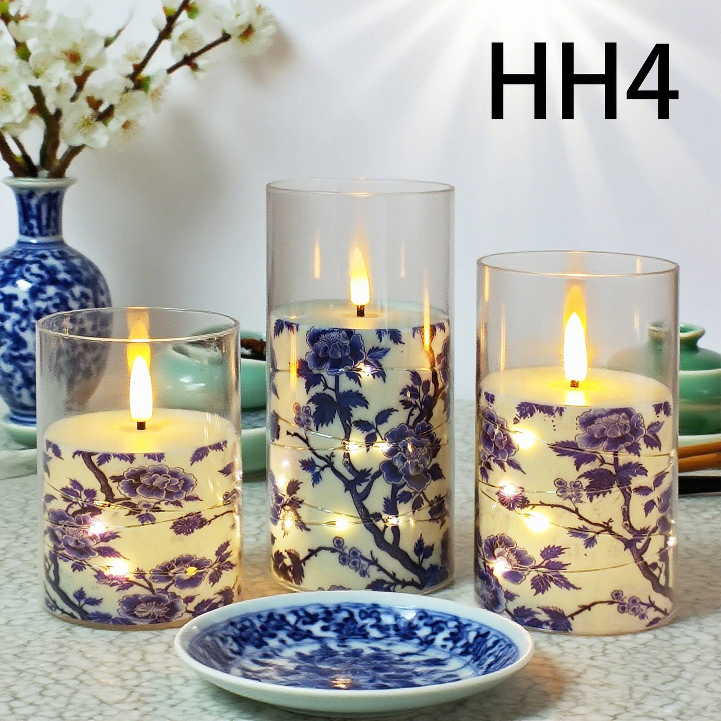 Blue White Porcelain Copper Wire Flameless Candle Set of 3