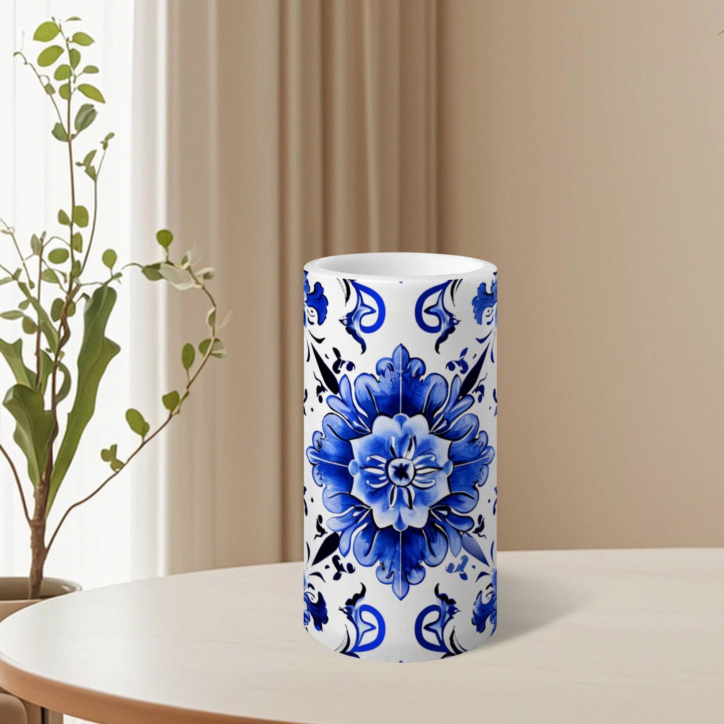 3-Piece Blue & White Porcelain Flameless LED Pillar Candles: BW2