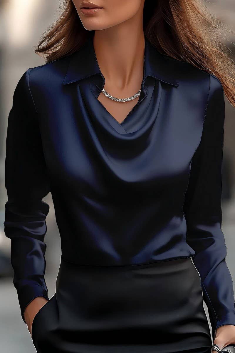 DRAPED NECK LONG SLEEVE BLOUSE: KHAKI / (XXL)
