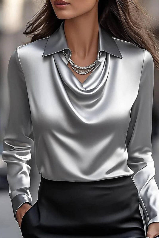 DRAPED NECK LONG SLEEVE BLOUSE: GREY / (XXL)
